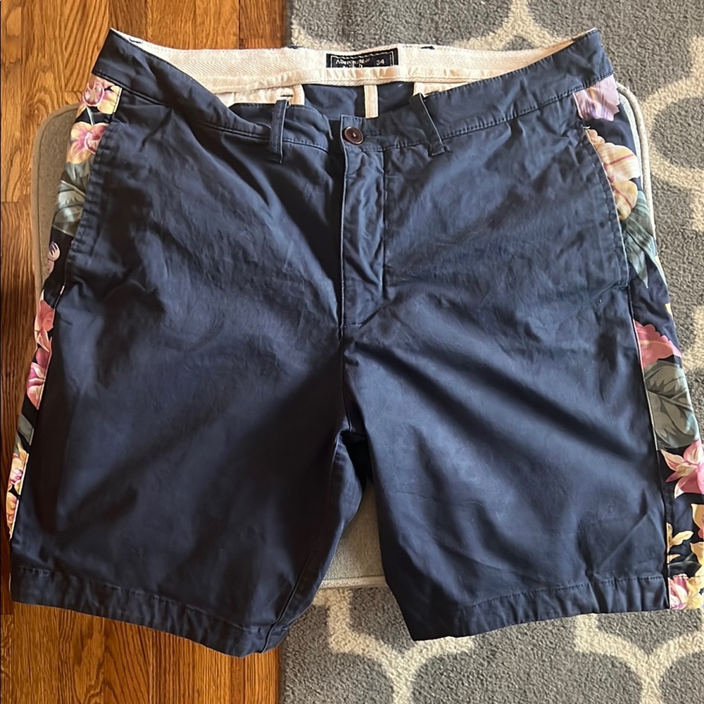 Abercrombie & Fitch Blue and Pink Flat Front Shorts with Floral Accents